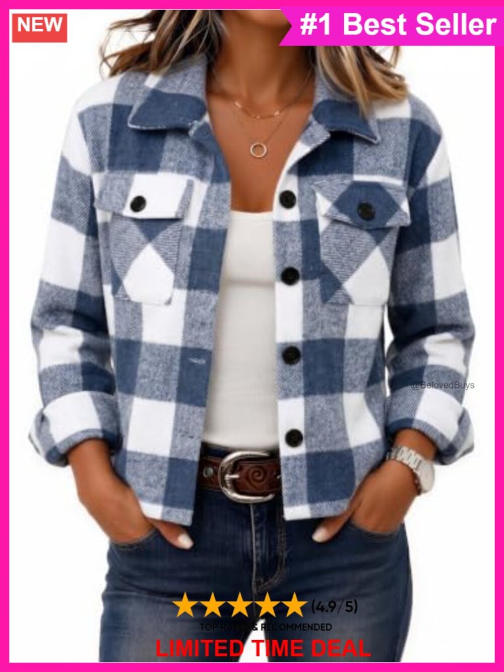 Cropped Plaid Flannel Shacket Button Front Chest Pockets Loose Fit
